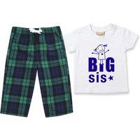 60 SECOND MAKEOVER Girl's Big Sis Pyjamas Children Tartan Trouser Bottoms Pyjama Set Sister in Green | Size: 2-3 Years