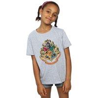 Harry Potter Girl's Hogwarts Crest Gold Ink Cotton T-Shirt in Grey | Size: 7-8 Years