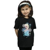 Disney Girl's Frozen Elsa Snowflakes Cotton T-Shirt in Black | Size: 5-6 Years