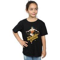 DC Comics Girl's Wonder Woman Stars Cotton T-Shirt in Black | Size: 9 Years