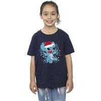 Disney Girl's Lilo & Stitch Christmas Lights Sketch Cotton T-Shirt in Navy | Size: 7-8 Years