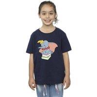 Disney Girl's Dumbo Sitting On Books Cotton T-Shirt in Navy | Size: 5-6 Years