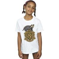 Harry Potter Girl's Hufflepuff Sketch Crest Cotton T-Shirt in White | Size: 9 Years