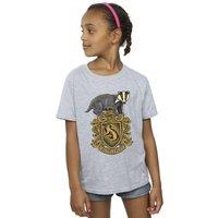 Harry Potter Girl's Hufflepuff Sketch Crest Cotton T-Shirt in Grey | Size: 3-4 Years