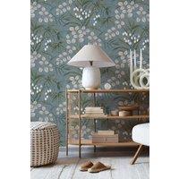 Superfresco Easy Persephone Duck Egg Blue Floral Wallpaper in White | Size: 10000mm x 520mm