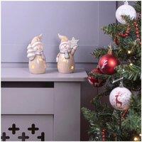 Netagon Festive Christmas Ceramic Light Up Snowmen Decoration Ornaments - Pair in Off-White