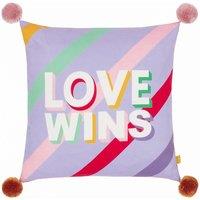 Furn Pom Poms Love Wins Slogan Cushion in Lilac | Size: 43 cm x 43 cm