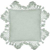 Yard Anko Slub Cotton Macrame Tassel Trimmed Cushion in Light Green | Size: 45 cm x 45 cm