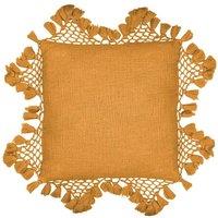 Yard Anko Slub Cotton Macrame Tassel Trimmed Cushion in Light Brown | Size: 45 cm x 45 cm