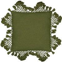 Yard Anko Slub Cotton Macrame Tassel Trimmed Cushion in Khaki | Size: 45 cm x 45 cm