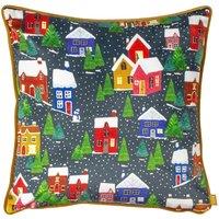 Furn Christmas Together Twilight Town Printed Piped Velvet Cushion | Size: 43 cm x 43 cm