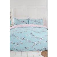 OHS Blossom Bird Reversible Duvet Cover with Pillowcase Bedding Set in Duck Egg Blue | Size: Double