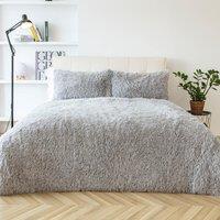OHS Teddy Duvet Cover Set Bedding Soft Fleece Faux Fur Shaggy in Silver | Size: Single