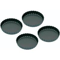 KitchenCraft Non-Stick Mini Fluted Flan / Tart Tins 10cm, Set of Four in Black