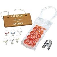 BarCraft 9pc Prosecco Gift Set, Wine Glass Charms, Cool Bag, Stopper, Wooden Sign