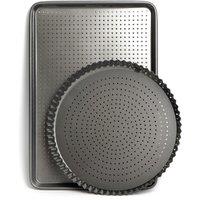 MasterClass 2pc Crusty Bake Non-Stick Bakeware Set with 30cm Round Fluted Quiche Tin & 39cm Baking Tray in Grey