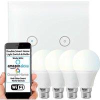 Loops WiFi Light Switch & Bulb 4x 10W B22 Cool White Lamp & Double Wireless Wall Plate