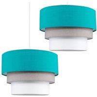ValueLights Aztec Pair Three Tier Easy Fit Fabric Ceiling Lamp Shades with Bulbs in Teal