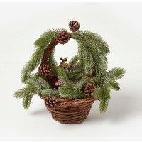 Homescapes Festive Wicker Basket Christmas Decoration Green Fir, Berries