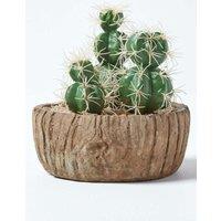 Homescapes Echinocactus Artificial Cactus in Round Wooden Planter, 15 cm Tall in Green