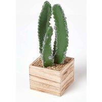 Homescapes Artificial Cactus Plant In Wooden Pot, 33 cm Tall in Green