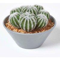 Homescapes Artificial Barrel Cactus Arrangement in Round Grey Pot, 17 cm Tall in Green