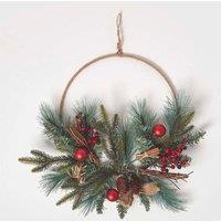 Homescapes Round Metal Hoop Traditional Christmas Wreath in Green