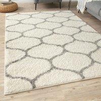 THE RUGS Soft Trellis Shaggy Rugs & Runners Ivory & Grey Living Room | Size: 80 cm x 150 cm