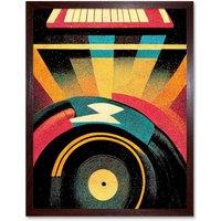 Artery8 Wall Art Print Retro Record Player DJ Decks Turntable Abstract Art Framed in Brown | Size: W12 x H16