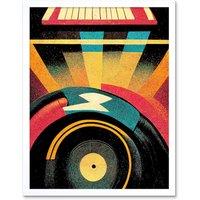 Artery8 Wall Art Print Retro Record Player DJ Decks Turntable Abstract Art Framed in White | Size: W12 x H16