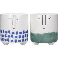 KitchenCraft Set of 2 Face Planters, White, Green & Blue Ceramic Indoor Plant Pots in White