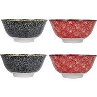 KitchenCraft 4pc Ceramic Bowl Set, Red & Black Floral Design, 15.5cm