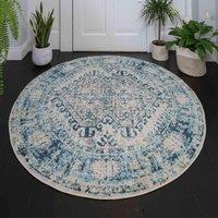 Kukoon Navy Blue Grey Geometric Medallion Bordered Rug | Size: 120 cm diameter
