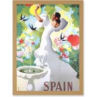 Artery8 Flamenco Dance Bird Bath Travel Spanish Advert A4 Artwork Framed Wall Art Print in Light Oak