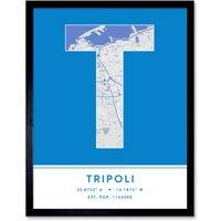 Wee Blue Coo Wall Art Print Tripoli Libya City Map Modern Typography Stylish Letter Framed Word in Blue | Size: W12 x H16