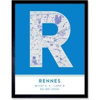 Wee Blue Coo Wall Art Print Rennes France City Map Modern Typography Stylish Letter Framed Word in Blue | Size: W12 x H16