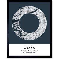 Wee Blue Coo Wall Art Print Osaka Japan City Map Modern Typography Stylish Letter Framed Word in Navy | Size: W12 x H16