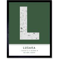 Wee Blue Coo Wall Art Print Lusaka Zambia City Map Modern Typography Stylish Letter Framed Word in Green | Size: W12 x H16