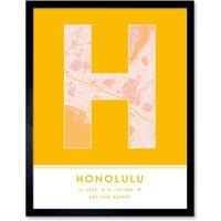 Wee Blue Coo Wall Art Print Honolulu Hawaii United States City Map Modern Typography Stylish Letter Framed Word in Yellow | Size: W12 x H16