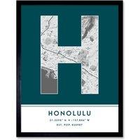 Wee Blue Coo Wall Art Print Honolulu Hawaii United States City Map Modern Typography Stylish Letter Framed Word in Teal | Size: W12 x H16
