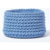 Homescapes Cotton Knitted Round Storage Basket, 37 x 21 cm in Blue | Size: Small