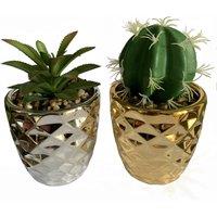 Leaf 15cm Set of Two Silver & Gold Ceramic Planters with Artificial Cactus & Dracaena