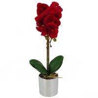 Leaf 46cm Artificial Orchid Red with Silver Pot