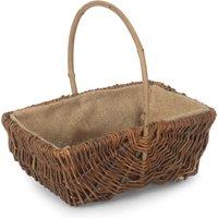 Red Hamper Wicker Rectangular Unpeeled Willow Garden Trug With Hessian Lining in Brown | Size: Small