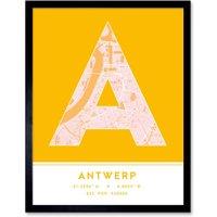 Wee Blue Coo Wall Art Print Antwerp Belgium City Map Modern Typography Stylish Letter Framed Word in Yellow | Size: W12 x H16