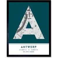 Wee Blue Coo Wall Art Print Antwerp Belgium City Map Modern Typography Stylish Letter Framed Word in Teal | Size: W12 x H16