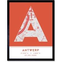 Wee Blue Coo Wall Art Print Antwerp Belgium City Map Modern Typography Stylish Letter Framed Word in Orange | Size: W12 x H16