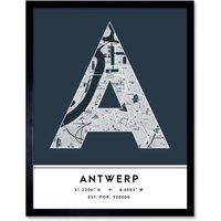Wee Blue Coo Wall Art Print Antwerp Belgium City Map Modern Typography Stylish Letter Framed Word in Navy | Size: W12 x H16
