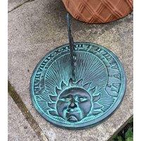Inspirational Gifting Sundial Ornament in Verdigris Cast Iron Sun Face in Grey