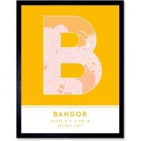 Wee Blue Coo Wall Art Print Bangor Wales City Map Modern Typography Stylish Letter Framed Word in Yellow | Size: W12 x H16
